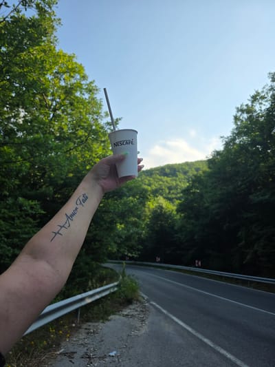 The image depicts a person's arm with a tattoo on their forearm, holding a white Nescafe cup with a straw. The arm is positioned in the foreground, with the tattoo, which reads "Amor Fati" above a heartbeat line, clearly visible. The Nescafe cup is held up, suggesting the person is either posing or taking a break.
The background shows a winding asphalt road bordered by a metal guardrail. Lush green trees line the sides of the road, with a dense forest extending up a hillside. The sky is a clear blue with a few scattered white clouds. The scene appears to be a scenic natural location, possibly a rural area or a road passing through a forest.
While the image does not explicitly mention the city of Iskra, Bulgaria, it captures a common roadside setting that could be found in various parts of Bulgaria's countryside, known for its natural beauty and forest-covered hills. The general environment suggests a mountainous or hilly terrain with dense vegetation.