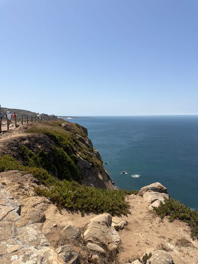 This image depicts a scenic cliffside overlooking the Atlantic Ocean, likely at Cabo da Roca, the westernmost point of mainland Europe, located near Colares, Portugal. In the foreground, the terrain is rugged with large rocks and sparse, green, succulent-like vegetation clinging to the soil. A dirt path winds along the edge of the cliff, bordered by a wooden railing. Several individuals are visible on this path, observing the view. The cliff face is steep and covered in a dense carpet of the same green vegetation. The ocean stretches out to the horizon under a clear, bright blue sky. A few small rocks are visible protruding from the water.