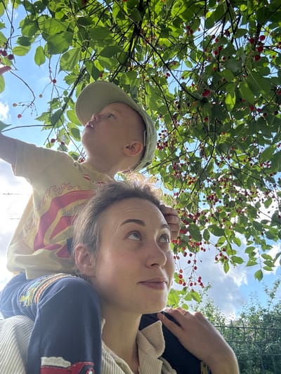 The image shows two people lying down, looking up at a cherry tree with ripe cherries. The perspective is from below, with the sky and tree branches filling most of the frame.
The subjects are a child and an adult. The child is wearing a light green cap and a yellow t-shirt with a red and yellow flame design. They are looking to the left of the frame. The adult is lying next to the child, with their head tilted upwards. They have light-colored hair and are wearing a dark blue shirt with colorful embroidered details on the sleeve, and a cream-colored corduroy garment over it.
The activity appears to be picking or observing cherries from the tree. The sun is shining, suggesting it is daytime, likely late spring or summer given the ripe cherries and lush green leaves. The sky is blue with some scattered white clouds. The scene is set outdoors, likely in a garden or park in Rezekne, Latvia, given the location context. There are no visible signs or text in the image. The overall mood seems relaxed and cheerful, with the subjects enjoying the natural surroundings.