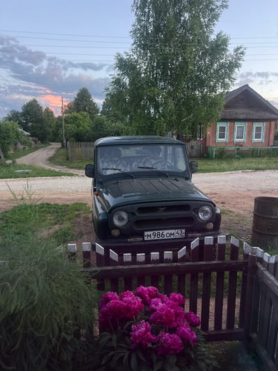 This image shows a dark green UAZ vehicle parked on a dirt road in the village of Pigozino, Russia. The vehicle's license plate reads "M 986 OM 43". In the background, there is a traditional wooden house with ornate window frames painted green and red. A dirt road curves away from the house and vehicle into the distance, lined with wooden fences and trees. A cluster of bright pink peonies is in the foreground, obscuring a portion of the wooden fence. The sky is a soft dusk with hints of pink and orange from the setting sun, and a few wispy clouds are visible. A tall birch tree stands near the house, its green leaves lush and full. To the right of the vehicle, a rusted metal barrel is visible. The overall scene depicts a rural setting in Russia during twilight.