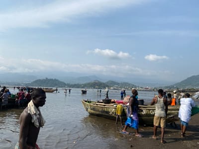 This image captures a vibrant and industrious waterfront scene in Victoria, Cameroon, at what appears to be a fishing landing or market area. The setting features a shallow body of water – likely a bay or a river estuary – meeting a muddy or sandy shore in the foreground. In the mid-ground, the water is dotted with numerous people and wooden fishing boats. The background is dominated by a majestic landscape of lush green hills and mountains, some partially obscured by atmospheric haze, with signs of a town or settlement at their base. The sky is bright with scattered white clouds against a pale blue.
Many people are present, both wading in the water and standing on the shore, actively engaged in tasks. Most appear to be adults, dressed in practical, casual clothing. In the left foreground, a shirtless man with dark skin and a white cloth draped over his shoulder stands partially wet, looking towards the right. Elsewhere, individuals are seen wading, some carrying items on their heads or shoulders, suggesting the movement of goods or catch.
Numerous wooden dugout canoes or fishing boats (pirogues) are visible. One prominent, weathered boat rests on the bank in the right mid-ground, surrounded by several men. On its side, the partial text "JF G..." is visible. Other boats are scattered across the water, some being pushed or pulled by people.
The scene depicts a busy period of activity, possibly the arrival or departure of fishing boats, or the offloading and distribution of the day's catch. The overall impression is one of communal work and daily livelihood. The lighting suggests it is daytime, either morning or late afternoon, under fair weather conditions.