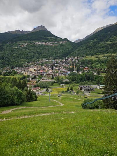 This is a wide-angle, eye-level shot capturing a mountainous landscape with a village nestled in the valley in Pontagna, Italy. The foreground is dominated by a lush green meadow dotted with small yellow and pink wildflowers. A dirt path winds through the meadow, leading towards the mid-ground. In the mid-ground, the village of Pontagna is visible, characterized by a cluster of buildings with colorful facades, ranging from yellow and pink to white and brown, with red-tiled roofs. Several tall, dark green evergreen trees are scattered throughout the scene, particularly on the left side and in the background.

Behind the village, the landscape rises steeply into forested mountains covered in dense green trees. The upper slopes of the mountains are rocky and less vegetated, with some patches of exposed rock. The sky is overcast with scattered clouds, casting a soft light over the scene.

In the mid-ground and right side of the image, elements of a ski lift are present, with a ski lift tower and a suspended ski lift chair visible. The ski lift structure suggests the location is a mountain resort area, likely active during warmer seasons for hiking or other activities. There are no people visible in the image. The overall impression is a serene, natural setting with a populated village integrated into the mountainous terrain.