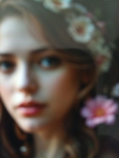 This image presents a heavily blurred, close-up portrait of a single female subject. Her light-toned face, featuring discernible blue eyes and reddish lips, is central. She wears a floral headpiece comprising multiple light-colored, possibly white or cream, flowers around her head. Long, brown hair frames her face and extends over her shoulders. A distinct, blurred pink flower is visible in the lower right portion of the image, appearing separate from or an extension of her headwear. The subject appears to be looking directly forward. The background is entirely out of focus, consisting of muted green and brown tones, suggesting an outdoor or naturally lit environment with shallow depth of field. The visual content of the image does not provide specific identifiers to confirm its location in the city of Kremyonki, Russia.