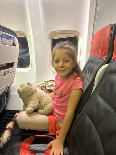 A young girl with brown hair tied in a ponytail, wearing a pink t-shirt with "Barbie" printed on it, sits in an airplane seat. She is holding a light-brown stuffed cat on her lap. To her left, a doll with blonde hair and a pink ribbon is visible. The airplane interior features black leather seats with red stitching, red seatbelts, and a window. A safety card for a 737-800 aircraft is displayed in a seat pocket. The image appears to be taken inside an airplane cabin, likely at Istanbul Sabiha Gökçen International Airport (SAW) in Pendik, Turkey, given its geographical location and the commonality of airline operations there.