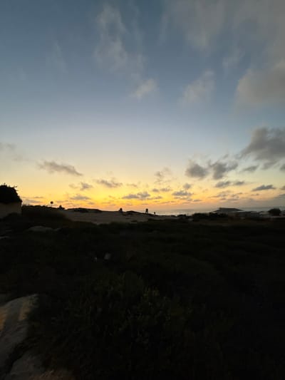 A serene coastal landscape under a vibrant sunset. The sky displays a gradient of blues and oranges, with soft clouds scattered across. A dark, vegetated foreground meets a sandy beach, bisecting the view. Silhouetted figures and structures are faintly visible on the shoreline against the bright horizon, creating a peaceful and contemplative atmosphere.