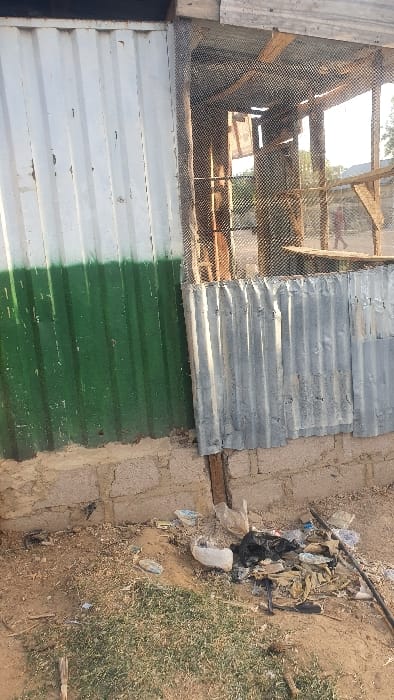 An outdoor scene in Danbare, Nigeria, depicts an area adjacent to two makeshift structures. To the left, a corrugated metal wall is partially painted white on the upper section and dark green on the lower section, displaying wear. To the right, an open-sided enclosure is constructed with a concrete block foundation, topped by corrugated galvanized iron sheets on its lower wall and a dark mesh material on its upper section, supported by wooden posts. The ground immediately in front of these structures is dry earth with sparse grass and a concentrated accumulation of refuse, including plastic bottles, plastic bags (one white, one black), and miscellaneous debris. In the background, visible through the mesh of the enclosure, a single individual wearing a dark garment walks from left to right on a dirt path. The scene is illuminated by natural daylight.