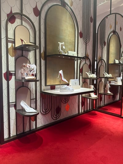 This is an interior view of a retail display, identified as a Christian Louboutin boutique located in Winchester, United States of America. The environment features a bright red carpeted floor and walls adorned with an Art Deco-inspired pattern of white, cream, dark red, and gold/bronze scallop motifs, interspersed with dark metal decorative archways and vertical bars. Multiple shelves, equipped with integrated downlighting, present various luxury footwear and accessories. On the left, from top to bottom, a gold-toned high heel, a clear high heel with white ribbons beside a white clutch, and a white lace pointed-toe high heel are displayed. A central, lower shelf showcases a white mesh high heel with a distinctive red sole, a silver-embellished clutch bag, and a pair of silver glitter low-top sneakers. To the right, additional shelves feature multiple white and cream high heels, some with floral appliqués, and light-colored laced ankle boots. A large mirrored surface on the far right reflects portions of the red carpet and wall decor. No individuals are visible within the scene.