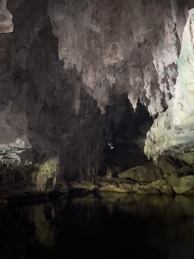 The image shows the interior of a cave in Ao Luek, Thailand, likely Tham Lod (also known as Lod Cave). The cave features numerous stalactites hanging from the ceiling and stalagmites rising from the floor, creating an impressive natural formation. A body of dark, still water, possibly a river or underground lake, occupies the foreground and reflects the cave's formations and the dim lighting. The lighting within the cave is minimal, with some areas illuminated by artificial light sources, casting shadows and highlighting the textures of the rock. The overall environment is dark, damp, and cavernous, typical of a limestone cave. There are no people or animals visible in the image.