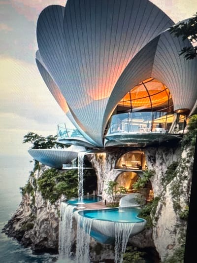 The image depicts an opulent, futuristic cliffside villa overlooking the ocean. The architecture is characterized by sweeping, petal-like structures that suggest a blooming flower or a shell, with large glass windows offering panoramic views. Multiple infinity pools are integrated into the cliff face, with waterfalls cascading from upper levels into the pools below. The villa appears to be carved into the rock, with arched openings revealing illuminated interior spaces. Lush vegetation, including trees and vines, adorns the cliff and the villa's terraces. The sky is overcast with hints of sunset colors.
The question asks for the location in the city of Ellwangen, Germany. However, there is no indication within the image itself, nor in the provided crops, that this villa is located in Ellwangen, Germany, or any specific city for that matter. The image appears to be a highly stylized architectural rendering or a digitally created scene, not a photograph of a real-world location that can be definitively placed. Therefore, it is impossible to provide details about its specific location in Ellwangen.