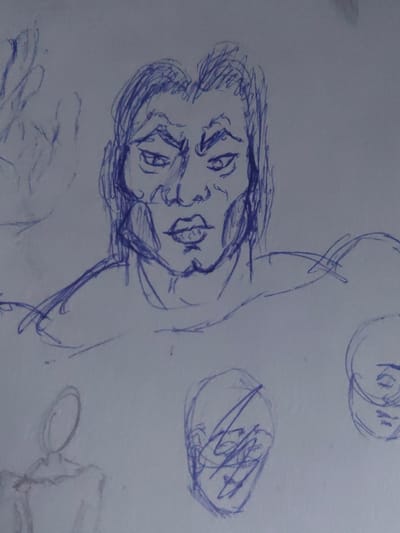 The image is a hand-drawn sketch of a person's face, rendered in blue ink on a white paper background. The face is drawn in a somewhat stylized manner, and it is positioned in the upper-left corner of the page. The subject appears to be a young male with long hair. The sketch is in a realistic style, featuring details such as the person's facial features, including a slight frown, defined eyes, and full lips. The person's facial expression appears to be a mixture of frustration and defiance. The page contains additional rudimentary sketches of other faces, all in similar style, in the background. The coordinates 59.883, 30.784 place the location in a remote area of Karelia in northwest Russia, close to the border of Finland, at the southern end of Lake Ladoga, the largest lake in Europe. It's impossible to determine if the image was drawn in this location.