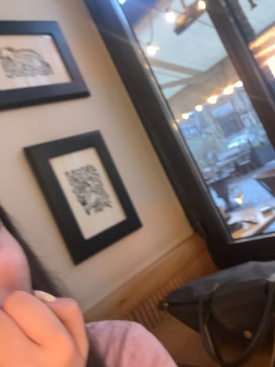 This tilted and slightly blurry image captures an indoor scene, likely in a cafe or restaurant in Albi, France. The upper portion features a large reflective surface, possibly a window or mirror, which reflects numerous glowing string lights and indistinct architectural elements from the interior or an outside view.
Below this reflective area, a light-colored wall displays two framed artworks. These are rectangular and feature intricate black-and-white patterns, possibly abstract drawings or detailed illustrations, although specific figures or text are not discernible due to the blur. The rightmost frame provides a slightly clearer view of these dense, dark patterns.
On the right side of the photograph, a person's hand and forearm are visible, resting casually. The hand shows light-colored nail polish, and the arm is covered by light pink clothing. Adjacent to the person's arm, a dark, bulky object, possibly a bag or part of a chair, is situated on a wooden surface that appears to have horizontal grooves, suggesting a floor vent or a textured table/floor.
The lighting implies an interior setting, with the string lights adding a warm ambiance. The image is a candid snapshot, focusing on elements of the decor and a partial view of a person within the environment. No explicit text is readable in the scene.