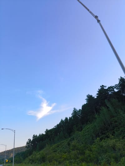 The image captures a natural landscape in Fassett, Canada, under a clear blue sky with a wispy white cloud. A tall, silver lamppost is visible on the left side of the frame, with another lamppost further in the distance. A steep, tree-covered hill slopes upwards from right to left, with a dense forest of dark green trees forming the upper boundary. The lower part of the hill is covered in lush green vegetation and smaller trees. The perspective suggests the photo was taken from a roadside, looking upwards at the incline.