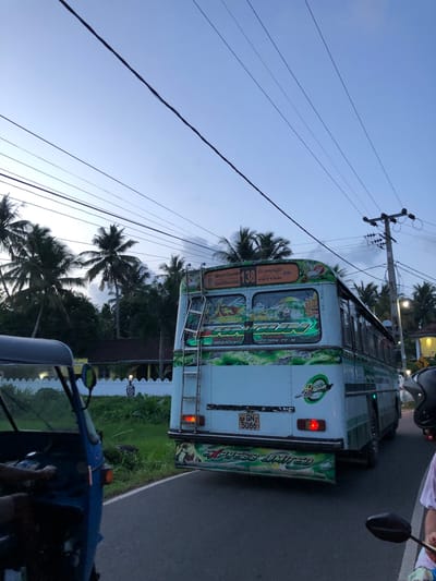 A blue and white bus with the number 138 on its front travels down a road in Karandugoda, Sri Lanka. The bus is decorated with images of animals and people, as well as the words "Maharagama" and "Pettah" in orange lettering. The bus has the license plate GN 5086. A blue three-wheeled vehicle is parked on the left side of the road, and a motorcycle with a black helmet is visible on the right. Palm trees and lush greenery line the sides of the road, and power lines crisscross the sky. The sky is overcast and appears to be dusk.