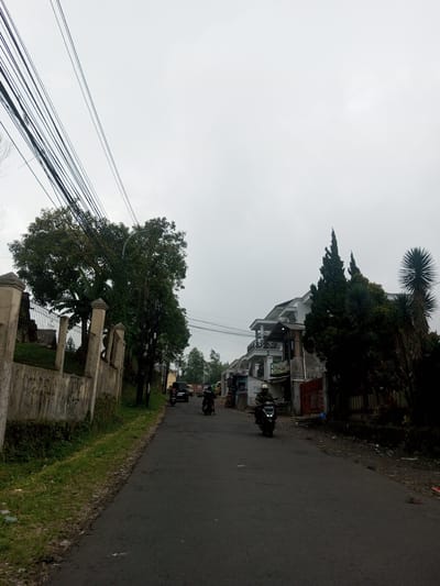 This image depicts a paved street scene in Houaythat, Laos, observed under a uniformly overcast, light gray sky. The asphalt road, exhibiting signs of wear, extends from the foreground into the background. On the road, a person wearing a light-colored helmet and a camouflage-patterned jacket operates a dark scooter, heading towards the viewer. Further down the street, another individual on a motorbike is visible on the right, and a dark van-type vehicle is present in the distant background. To the immediate left of the road, a concrete perimeter wall with vertical concrete pillars, marked with graffiti, runs parallel to the roadway, separated by a strip of green grass and sparse vegetation. Behind this wall, large leafy trees, including a banana tree, are visible. Numerous black electrical or communication cables span across the upper left and central portions of the scene, attached to utility poles. On the right side of the road, a multi-story white building featuring balconies stands amidst dense greenery, which includes tall, spiky conifer trees and palm-like plants. Additional smaller structures are partially visible adjacent to the main building.