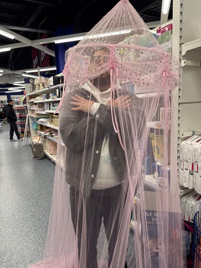 A forensic description of the scene depicts an adult male standing within a pink, sheer netting canopy decorated with gold stars and moons, located in a large retail store in Vendenheim, France. The male subject, who has a beard and wears sunglasses, a white hoodie, a dark grey denim jacket, and dark trousers, has his arms crossed over his chest. The canopy drapes around him, extending to the floor.

The environment is a store aisle with light grey speckled flooring and white metal shelving units. To the subject's left, shelves display various household items including lamps and bags. To his right, shelves feature packaged goods; one visible package is labeled "CALE NUE KID." In the background, further down the aisle, another male individual wearing a dark jacket walks away from the camera. The store ceiling is characterized by exposed dark structures, pipes, and fluorescent strip lighting. Partial blue and red signage, consistent with "BUT" or a similar large retailer, is visible high on the wall.