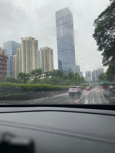 The image, captured from inside a vehicle, depicts a rainy day on a multi-lane highway in Luohu District, China. The windshield is visibly wet with raindrops. In the background, a cluster of modern high-rise buildings dominates the skyline. One particularly tall, slender skyscraper, clad in glass, features Chinese characters on its facade. To the left, several residential high-rises with beige and white exteriors are visible, punctuated by numerous windows and balconies. Lush green trees and foliage line the side of the highway and the median. The road surface is wet and reflective, with several cars driving in the same direction. The sky is overcast, contributing to the gloomy atmosphere. A pedestrian bridge spans the highway in the middle distance. Traffic signs with green lettering are also present.
