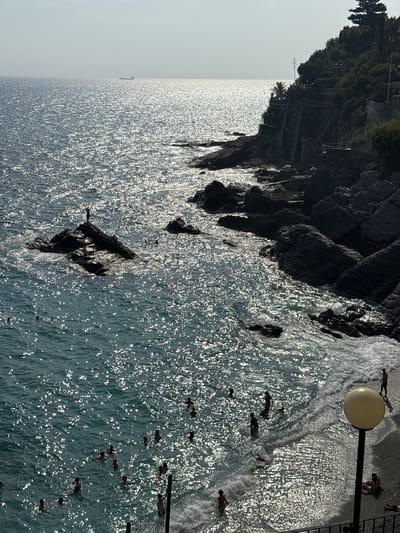 The image captures a sun-drenched view of the Ligurian Sea in Bogliasco, Italy. The sea is a vibrant blue, reflecting the bright sunlight with a shimmering, almost sparkling effect. Along the right side of the frame, a rocky coastline is visible, covered in lush green vegetation. Dark, rugged rocks jut out into the water, creating small coves and inlets.
In the foreground, a sandy beach transitions into the sea, where numerous people are enjoying the water. Some are swimming, while others are wading near the shore. The waves are gentle, creating a foamy white edge as they meet the sand. A single, tall lamppost stands on the beach, its large spherical light fixture glowing softly. Several people are seated or lying on the sand near the lamppost, appearing to relax.
Further out in the sea, a lone figure stands on a dark rock, arms outstretched, silhouetted against the bright expanse of water. In the far distance, a large cargo ship is visible on the horizon, a small dark shape against the bright sky. The overall scene conveys a sense of a peaceful and lively summer day at the seaside.