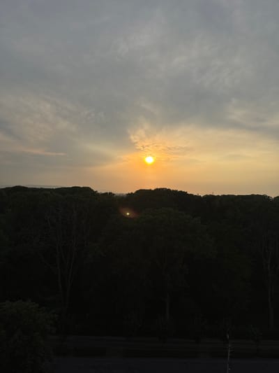 The image depicts a sunset over a tree-covered hill. The sun is a bright orange orb partially obscured by clouds, casting a warm glow across the sky. The silhouette of the trees creates a dark, textured border along the right side of the frame, with a faint hint of a road or path visible on the far right. The sky transitions from a pale yellow near the horizon to a grayish hue at the top, with scattered clouds adding depth. The overall impression is one of a serene, natural landscape at dusk. No people or specific objects are clearly identifiable, and there is no visible text. The image evokes a sense of peace and the end of the day.