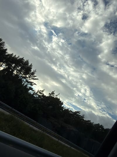 The image depicts a view from a vehicle, likely a car, looking upwards and to the side. The scene is dominated by a dramatic sky filled with a mixture of grey and white clouds, interspersed with patches of blue sky. The clouds are elongated and appear to be moving, creating a sense of dynamic motion. Below the sky, a dense line of dark green trees forms a silhouette against the brighter sky. These trees are characteristic of a forest or wooded area, with their branches reaching upwards and outwards. A metal guardrail is visible in the lower part of the image, running diagonally from left to right, suggesting the viewpoint is from a road or highway. The overall impression is one of a natural landscape viewed from a moving perspective, possibly during an overcast day with some sunlight breaking through. The location is specified as Frillesås, Sweden.
