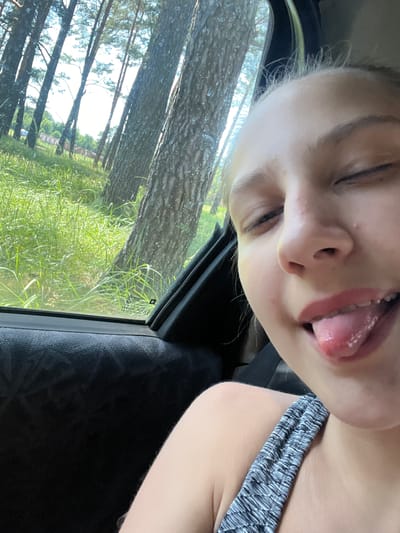 A young person is leaning into the frame, with their eyes closed and tongue sticking out. They are wearing a gray and black striped shirt. The person appears to be inside a vehicle, as evidenced by the car door interior visible in the foreground and the car window framing the background. Outside the window, a sunny scene of a forest with tall, slender trees and lush green grass is visible. The lighting suggests it is daytime. There is no visible text in the image.