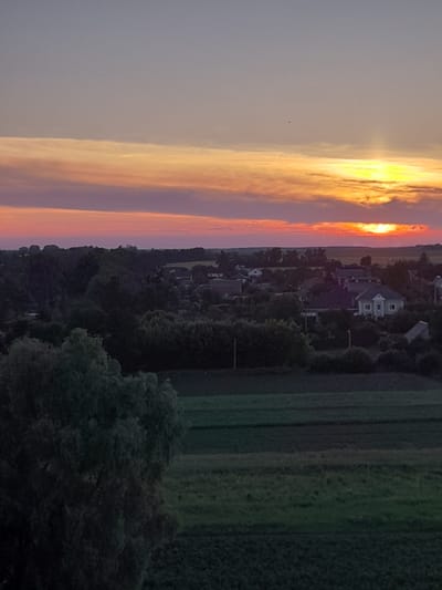 The image depicts a rural landscape at dusk, likely in the vicinity of Borodianka, Ukraine. A vibrant sunset paints the sky with hues of orange, yellow, and pink, contrasting with the darkening twilight. The foreground features a large, shadowy tree on the left, obscuring a portion of a cultivated field divided into horizontal strips of varying shades of green and dark earth.
In the middle ground, a dense cluster of trees forms a dark silhouette against the sky, interspersed with scattered houses. One prominent house, painted a light color, stands out with its distinct architectural features. Several other buildings, mostly dark and partially obscured by foliage, are visible within the settlement. Utility poles are also present in the scene.
The background shows a distant horizon line with more trees and fields, gradually fading into the atmospheric haze. The overall impression is one of a peaceful, rural evening in a Ukrainian village.