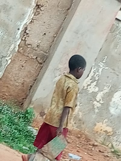 A young boy, seen from the side, walks away from the camera in Wuro Dole, Nigeria. He wears a yellow t-shirt and red shorts, and carries a green object in his left arm. He walks on a dirt path with dry grass and debris scattered around him. The background consists of a rough, textured wall that appears to be made of concrete and stone. The lighting suggests it is daytime.