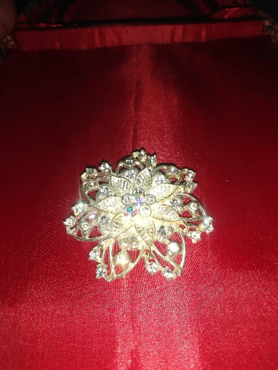 A single, ornate, silver-toned metallic brooch with a floral design is centrally positioned on a draped, lustrous red textile surface in Horažďovice, Czechia. The brooch features multiple petals, some textured with leaf veins and others open-worked, all extensively adorned with numerous clear, round, faceted stones. The central cluster of the brooch contains several smaller, multi-colored, faceted stones that exhibit iridescence under direct light, generating prominent reflections and sparkles across the object. The deep red textile background displays visible folds and creases. No individuals, actions, or other objects are present within the frame.