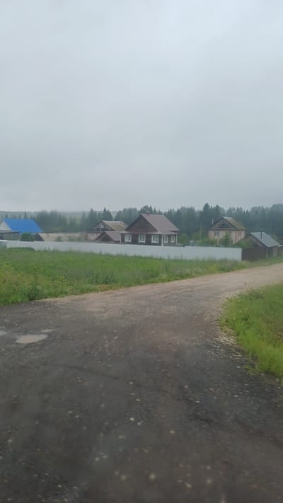 The image shows a rural landscape in the village of Kechevo, Russia, under a cloudy sky. In the foreground, a dirt road with puddles of water curves to the right. Beyond the road, a strip of green grass and wildflowers is bordered by a white fence. Behind the fence, several wooden houses with various roof colors are visible, along with a small outbuilding with a dark roof. A dense forest of evergreen trees forms the background, with mist obscuring the distant landscape. The scene appears calm and undisturbed, with no people or animals present.