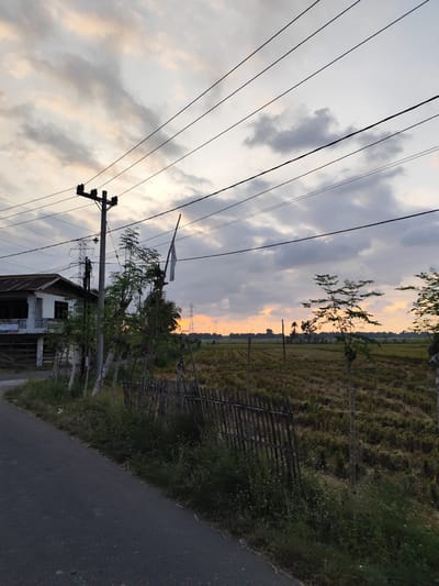 This media file captures a rural or semi-rural landscape in Mideuenjok, Indonesia, during either sunrise or sunset. The sky is partially covered with grey and white clouds, with a warm orange and yellow glow emanating from the horizon on the right, indicating the time of day.
In the foreground, a dark asphalt or paved road runs along the left edge of the frame. Adjacent to the road is a strip of overgrown grass and small plants, leading to a rustic wooden fence. Beyond the fence, a wide expanse of what appears to be a harvested or dry rice field stretches into the distance.
On the left side of the image, a two-story house with a white facade and a dark, possibly corrugated metal roof is visible. The house appears to be elevated, perhaps on stilts, and has a balcony on the upper floor. A faded banner or poster is affixed to the lower part of the house, but its text is illegible.
A prominent utility pole, likely made of wood or concrete, stands near the house, supporting a network of black electrical wires that traverse the sky. Several trees and green foliage are scattered around the house and along the edge of the field. Further in the background, particularly silhouetted against the glowing horizon, several large metal electricity transmission towers (pylons) can be seen, hinting at distant infrastructure. A white, flag-like piece of fabric is attached to a pole, rising above the vegetation near the main utility pole.
The scene portrays a quiet, agricultural environment with a blend of natural elements and human infrastructure.