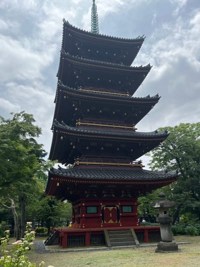 A five-story pagoda stands prominently in the center of the frame, situated within Ueno Park in Taito, Japan. The pagoda's upper four stories are dark reddish-brown, accented with gold trim along the eaves, beneath dark, curved tile roofs. A tall, multi-ringed bronze or green finial (sōrin) extends from the apex. The lowermost story and base of the pagoda are painted a vibrant red with gold decorative panels and dark grated sections. Stone steps lead to the red base on the left side.

Lush green trees densely surround the pagoda on both sides, creating a verdant backdrop. The foreground features a well-maintained grassy lawn with patches of light-colored, possibly white or pink, flowering plants on the left. To the right of the pagoda's base, a weathered grey stone lantern (tōrō) stands on a raised pedestal. The sky above is overcast with scattered white and grey clouds. In the middle ground behind the stone lantern and among the trees, indistinct figures, including one person in a white top, are faintly visible.