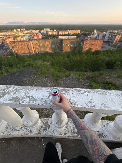The image shows a hand with colorful tattoos holding a white and red can of beer. The hand is positioned over a weathered white railing. In the background, a city with numerous apartment buildings is visible, nestled amongst green trees and a distant, hazy landscape. The buildings are a mix of brown, beige, and muted colors, with many windows. The scene appears to be an urban environment with some natural elements.
The perspective suggests the photo was taken from an elevated position, looking down at the city. The lighting indicates it might be late afternoon or early evening, with a soft, diffused light. The sky is pale and hazy, suggesting overcast conditions or a setting sun behind atmospheric haze. The railing is chipped and worn, adding a sense of age or disuse to the immediate foreground.
The city in the background, identified as Norilsk, Russia, is characterized by its dense collection of residential buildings. The presence of the beer can and the hand holding it suggests a moment of pause or relaxation. There is no visible text on the can or the railing. The overall mood is somewhat somber, perhaps due to the industrial feel of the city and the overcast sky, yet the vibrant tattoos on the hand offer a contrasting element of personal expression.