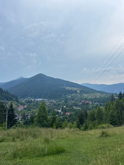 This media file captures a mountainous scene in Tatariv, Ukraine, likely during daytime with fair weather. The dominant subjects are the lush green mountainside, a village nestled into the slopes, and a vast expanse of sky. In the foreground, tall, wild grass with some wildflowers dominates the right side of the frame. Behind this grassy area, a dense forest of evergreen trees lines the mountain.
The village is spread across the middle ground, characterized by numerous houses with red tile roofs, interspersed with more trees. A network of power lines, supported by poles, stretches across the scene, suggesting a connection to civilization. In the far distance, layers of hazy blue mountains recede, creating a sense of depth and vastness.
The sky is a pale blue with scattered, wispy white clouds. The lighting suggests it is likely mid-morning or early afternoon. The overall impression is one of a serene, rural landscape, perhaps a view from a higher vantage point looking down upon a peaceful community integrated with nature. There is no visible text within the image.