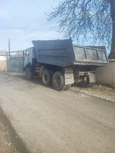 A large, gray dump truck is parked on a paved road beside a gate and wall. The truck bed is elevated, revealing the tires and undercarriage. A bare tree is visible to the right, its branches extending into the sky. The sky is a pale blue with thin clouds. The scene is captured in natural light, suggesting a daytime setting.