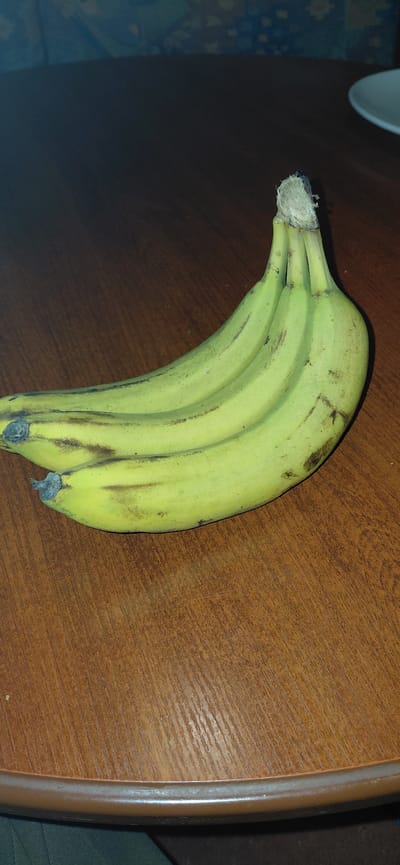 A bunch of four green bananas lies on a dark brown, wood-grained table. The bananas are oriented diagonally, with the stems at the top right and the tips pointing towards the bottom left. The bananas are slightly bruised, with some dark spots visible on their skins. The table surface shows visible wood grain patterns. In the background, a blurry blue and white patterned fabric is visible, and a white plate is partially visible on the right edge of the image. The scene appears to be indoors, likely in a domestic setting. The location in Canterbury, United Kingdom, is not discernible from the image content.