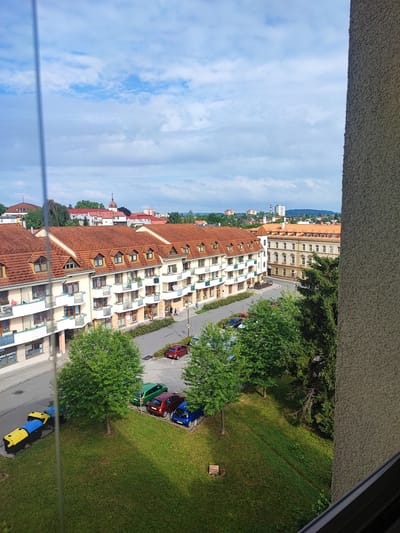 The image depicts a view from a window overlooking a residential area in Nový Jičín, Czechia. In the foreground, a portion of a building's exterior wall is visible on the right. To the left, a vertical pole or railing runs down the left side of the frame.
The midground features a long, multi-story apartment building with terracotta tiled roofs and numerous balconies. The building's facade is light-colored, with rows of windows and balconies. Below the apartment building, a street is visible with several parked cars, including a red hatchback, a green sedan, a dark blue sedan, and a small blue car. Two large, colorful trash bins, one yellow and one blue, are situated on the sidewalk.
Beyond the apartment building, a cityscape unfolds with more buildings, some with red tiled roofs and others with lighter facades. A prominent building with a dome-shaped roof and a spire is visible in the distance, suggesting a church or similar structure. Trees are scattered throughout the scene, with lush green grass covering a sloping area in the foreground and midground. The sky is partly cloudy with a mix of blue sky and white clouds. The overall impression is a sunny day in a European town.