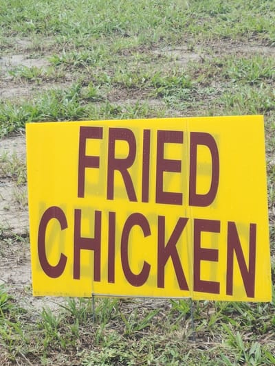 A bright yellow sign with the words "FRIED CHICKEN" in large, dark red capital letters is planted in a grassy area. The sign appears to be made of plastic and has a matte finish with visible water droplets on its surface. The text is centered on the sign, with "FRIED" on the top line and "CHICKEN" on the bottom line. The sign is supported by two thin metal stakes inserted into the ground. The surrounding environment consists of green grass and dry dirt or sand. The image was captured in Merritt Island, United States.