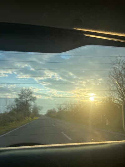 The image shows a view through a car's rear window. The scene outside consists of a bright sky with clouds and the sun shining through, causing glare. There are trees visible, some with bare branches, along with a road and greenery. The interior of the car is visible on either side of the window, with dark panels and the edge of the window frame. The location is implied to be in or near the city of Seltsi, Bulgaria.