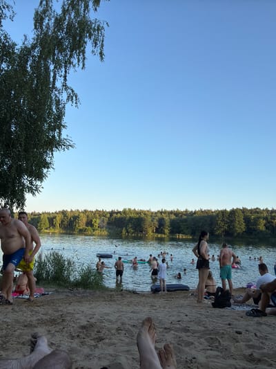 The image depicts a sunny day at a beach located in Guźnia, Poland. A clear blue sky dominates the upper half of the frame, with the branches of a large tree extending from the left edge. The foreground consists of a sandy beach where several people are relaxing and some feet are visible. The middle ground features a body of water filled with numerous individuals swimming, wading, and floating on inflatables. Across the water, a dense, green forest lines the horizon. The scene suggests a leisurely summer day at a popular recreational spot.