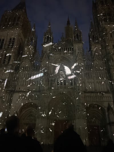 The image depicts the Cathédrale Notre-Dame de Rouen, France, at night, illuminated by a dynamic light projection show. The cathedral's ornate Gothic facade is the central subject, rendered in dark tones against a dark blue-grey sky. Bright, white, and slightly warm-toned light projections are cast across the entire facade, manifesting as numerous shimmering, irregularly shaped particles and streaks, resembling falling light or fragmented reflections. A prominent, semi-circular or crescent-shaped light pattern is centered on the upper portion of the facade, around the main rose window area. Architectural details, including pointed arches, intricate tracery, and numerous statues in niches, are subtly visible through the projected light. Scaffolding is discernible on one of the higher spires towards the right side of the central structure. In the immediate foreground, at the bottom of the image, the dark silhouettes of several individuals are visible, standing and facing the cathedral. Their forms are indistinct due to the low light, but some appear to be holding up illuminated mobile phones, indicating they are observing or recording the light display. The overall scene suggests a public gathering to view an architectural illumination event.