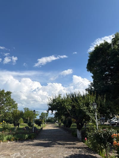 This image displays an outdoor environment located in Zlati Voyvoda, Bulgaria, featuring a stone pathway leading into the distance, flanked by landscaped greenery under a partly cloudy sky.
The upper portion of the frame, approximately one-third, reveals a clear, bright blue sky. A faint, thin crescent moon is discernible in the upper-mid section of the sky, slightly left of the central vertical axis. Below this, prominent, white cumulus clouds dominate the mid-sky, accompanied by smaller, scattered white clouds, particularly along the horizon line.
A wide pathway, constructed from irregularly shaped, light-toned stone pavers, originates from the bottom center of the frame and recedes into the background, curving slightly towards the right. Sections of the path exhibit distinct shadows cast from overhead vegetation.
Along the left side of the pathway, a grassy expanse contains several trees and cultivated garden beds. Two dark-colored, four-legged animal statues, resembling horses or deer, are positioned in the grassy area in the mid-ground. A low, rustic barrier, appearing to be made of woven branches or wood, borders the pathway on this side. Various flowering plants, including yellow, orange, and red roses, are visible in garden beds along both sides of the path in the foreground and mid-ground.
On the right side of the pathway, multiple trees with dark green foliage are present. A large tree in the right foreground casts a substantial shadow. Several street lamps, characterized by black tops and white poles, are positioned along the pathway. One such lamp post is prominent in the mid-ground on the right, another is visible further down the path on the left. In the distant background, to the right of the pathway, a parking area is visible containing at least three parked vehicles; two appear to be silver or light-colored sedans.
The scene is illuminated by natural sunlight, indicated by the presence of clearly defined shadows, consistent with a daytime setting. No individuals are visible within the frame.