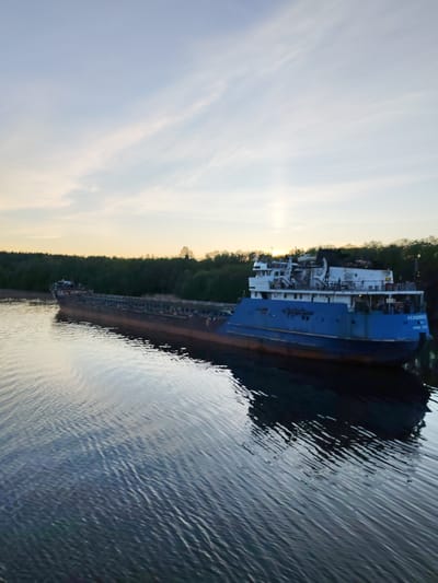 A long, blue and rusty-brown cargo ship is pictured navigating or anchored on a wide river under a serene sunset sky. The ship, likely a barge or river freighter, has a distinct dark, multi-compartment cargo hold section, and a prominent blue hull leading to a multi-deck white superstructure at its stern. Various equipment and structures are visible on the upper decks of the superstructure.
The setting sun, a bright point of light, is positioned low on the horizon above a dense, dark green forest that lines the far bank of the river. The sky above is a soft blend of light blue and warm orange-yellow hues, with wispy clouds scattered across it.
The river's surface is calm but textured with subtle ripples, reflecting the sky's light and the dark silhouette of the ship. The ship's reflection is a deep, dark shadow on the water. On the stern of the vessel, the Cyrillic text "СЕРЕДЫШ" (Seredysh) is visible, identifying the ship. The scene conveys a tranquil late afternoon or early evening ambiance in a natural environment, possibly near Volokov Most, Russia.