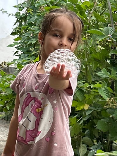 A young girl is captured from the chest up, holding a large, clear bubble in front of her face. Her expression is one of curiosity and wonder as she gazes at the bubble. She has dark hair styled in pigtails and is wearing a pink t-shirt adorned with a graphic of a unicorn, stars, and hearts. The girl is positioned in an outdoor setting with lush green foliage behind her, suggesting a natural or garden environment. The lighting appears bright, indicative of daytime. The image is slightly tilted, adding a dynamic feel to the composition. The background foliage is dense and green, with some darker berries visible, hinting at a summer or early autumn season. The overall mood is playful and innocent, emphasizing the simple joy of childhood. The visible text includes a unicorn graphic on the t-shirt. The location context is Prokhladny, Russia.