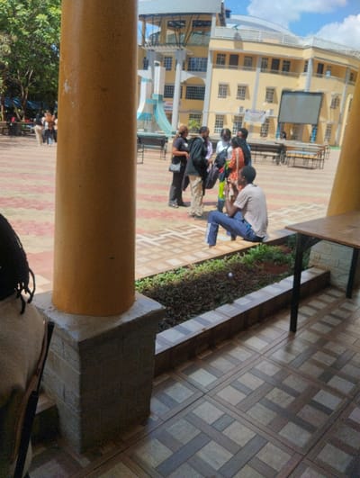 The image depicts an outdoor public area within a hospital complex in Kenya. In the immediate foreground, a person's back with dark braided hair is partially visible on the left, next to a large, round, orange-yellow column resting on a grey stone base. The floor here is tiled with a geometric pattern of light and dark brown squares. To the right, a dark table leg is visible.
In the midground, a male individual sits on the edge of a low planter bed filled with dark green foliage. He wears a light-colored t-shirt and dark pants, and is looking down at an object held in his hands. Behind him, on a paved surface featuring reddish and beige interlocking tiles, a group of approximately 6-7 adults stands, appearing to converse. Their attire includes dark tops, light pants, and one individual in an orange patterned shirt.
The background is dominated by a large, multi-story building, predominantly yellow with white and light blue architectural elements, multiple windows, and balconies. A large, dark digital display screen is mounted on the right side of this building. To its left, a blue and white structure is visible. Several outdoor tables and benches are scattered across the paved area. Trees and green foliage are present in the far left background, under a partly cloudy blue sky.