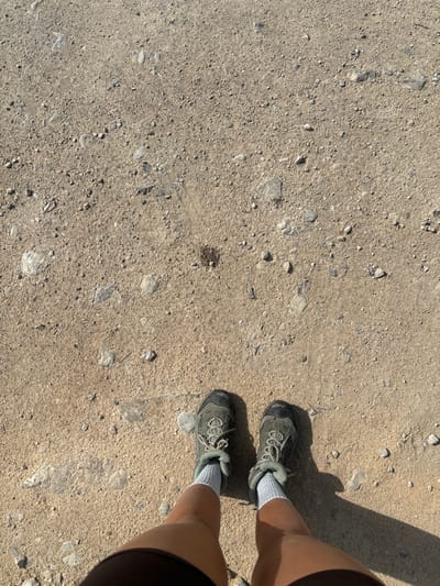This image, captured from a first-person, downward-looking perspective, depicts a person standing on unpaved, dry, light-brown earth with scattered grey and white stones. The location is Megilot Yam HaMelakh Regional Council, Palestinian Territory. The subject wears olive green hiking boots with light grey laces, paired with white ankle socks. Tanned lower legs are partially visible above the socks, extending from dark fabric, likely shorts, at the bottom edge of the frame. Strong, direct sunlight creates distinct shadows extending to the right of the legs and boots. The ground surface is textured with fine dust, small pebbles, and larger stones up to several centimeters in diameter. A small, dark, irregular clump, approximately 2-3 cm in diameter, is present on the ground in the upper central portion of the frame. Faint impressions, consistent with tire tracks or similar disturbances, are visible in the upper left section of the dirt path.