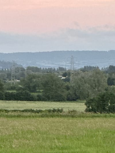 The image depicts a landscape scene, likely in the outskirts of Tewkesbury, United Kingdom, given the presence of rolling hills and agricultural fields. In the foreground, a verdant field of grass stretches across the frame, with a slightly more textured and lighter green field behind it, suggesting it might be a different crop or recently mowed. A line of dense green trees forms a boundary between the two fields, with some smaller bushes and vegetation visible at their base.

The midground is dominated by a collection of trees, varying in height and density, interspersed with some structures that appear to be industrial or utility-related. The most prominent of these is a tall electricity pylon with a lattice metal structure, a common sight in rural and semi-rural British landscapes. Another, less distinct pylon is visible further in the distance. The trees are predominantly deciduous, with their lush green foliage indicating a summer or late spring setting.

In the background, a range of hills or mountains is visible, shrouded in a light, hazy blue. These hills appear to be covered in vegetation, with their contours softened by the distance. Above the hills, the sky transitions from a pale blue-grey near the horizon to a soft pinkish hue at the very top of the image, suggestive of either dawn or dusk. The overall impression is one of a tranquil, rural environment with man-made infrastructure subtly integrated into the natural landscape. There are no people or animals visible in the image.