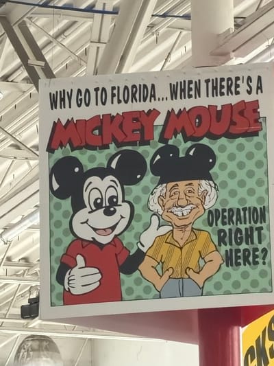 This media file is an image of a sign featuring cartoon characters, likely Mickey Mouse, and text. The sign appears to be hanging indoors, possibly in a public space like a store or event venue, given the visible industrial-looking ceiling structure and metal beams. The overall impression is one of a whimsical and slightly political or satirical commentary.
The sign is dominated by a comic-style illustration. On the right, a caricature of an older man with white hair, wearing Mickey Mouse ears and a yellow shirt, is depicted. He has a wide, toothy grin and appears to be speaking or gesturing. To his left, a more traditional depiction of Mickey Mouse in a red shirt is shown, with his signature large ears and a cheerful expression. The background of the sign is a pale green with a pattern of darker green polka dots.
Prominently displayed on the left side of the sign is large, red, blocky text that reads "MICKEY MOUSE". To the left of this, vertical text states "WHY GO TO FLORIDA... WHEN THERE'S A". To the right of the older man's caricature, text reads "OPERATION RIGHT HERE?".
The lighting in the image suggests it is daytime, with artificial indoor lighting contributing to the overall illumination. There are no obvious external weather cues. The presence of what looks like a yellow sign with some lettering visible in the upper right corner hints at a larger context, possibly a retail environment or exhibition. The overall tone conveyed by the text and imagery is humorous, with a potential satirical edge questioning the need for a trip to Florida for some sort of "operation," implying it might be available locally.