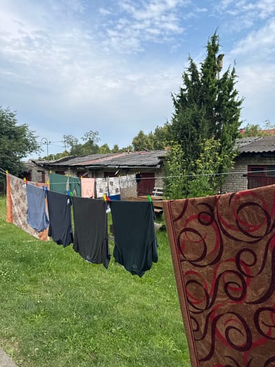 An outdoor scene in the city of Zhodzina, Belarus, captures clothes drying on a clothesline in front of a row of brick buildings with corrugated roofs. The clothesline stretches across the frame, laden with various items, including a patterned blanket, several t-shirts in shades of blue, gray, and green, and a pink garment. Clothes pins in assorted colors secure the laundry. In the background, the low-rise buildings appear to be storage units or small workshops, with red-painted doors visible. A tall, dense evergreen tree with a birdhouse on a pole stands prominently behind the buildings. The ground is covered in lush green grass with scattered white wildflowers. The sky above is a mix of blue with scattered white clouds.