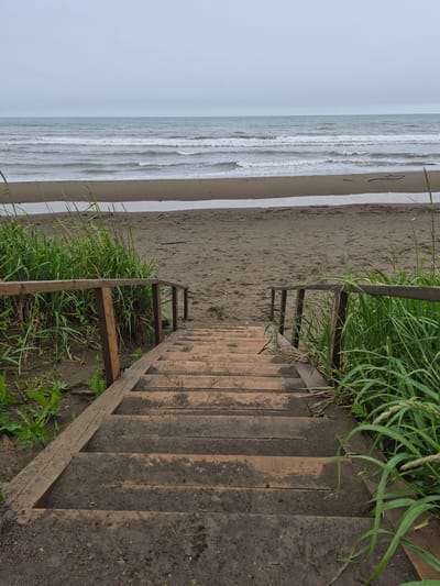 A wooden staircase descends onto a dark sand beach in Uglegorsk, Russia. Tall green grass flanks the sides of the staircase and the edge of the beach. The ocean waves are gently rolling in under a cloudy sky.