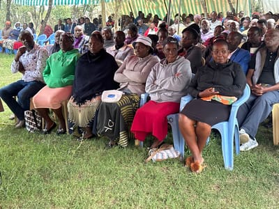 This media file captures an outdoor gathering in Kiganjo, Kenya, under a large, striped tent during the daytime. A diverse group of adults, including men and women of varying ages, are seated on plastic chairs arranged in rows on a grassy lawn.

In the foreground, approximately a dozen individuals are clearly visible, their postures generally attentive and expressions ranging from neutral to serious, suggesting they are listening to a speaker or observing an event taking of frame. Their attire is a mix of casual and semi-formal wear, including jeans, hoodies, patterned shirts, and jackets. Some women wear head coverings.

Visible objects include blue and light brown plastic chairs, and a white rectangular item with the word "Vaseline" clearly printed on it, resting on a woman's lap. Another patterned bag is placed on the grass near someone's feet. One woman in the foreground wears distinct fluffy, brown slip-on sandals. In the background, many more attendees are visible, filling the space under the tent. The surrounding environment appears green with trees, indicating a natural or semi-rural setting. The lighting is bright and even, consistent with daylight hours.