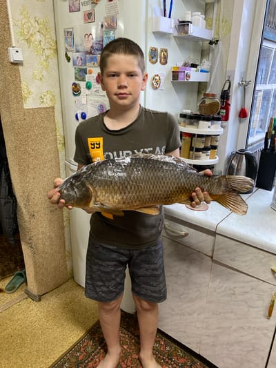 A boy stands indoors, holding a large carp. He is positioned in front of a refrigerator covered with magnets and photos. To his right, there's a tiled countertop with various kitchen items, including a spice rack. The floor has a patterned rug. The location is potentially Баклуши, Russia, based on metadata.